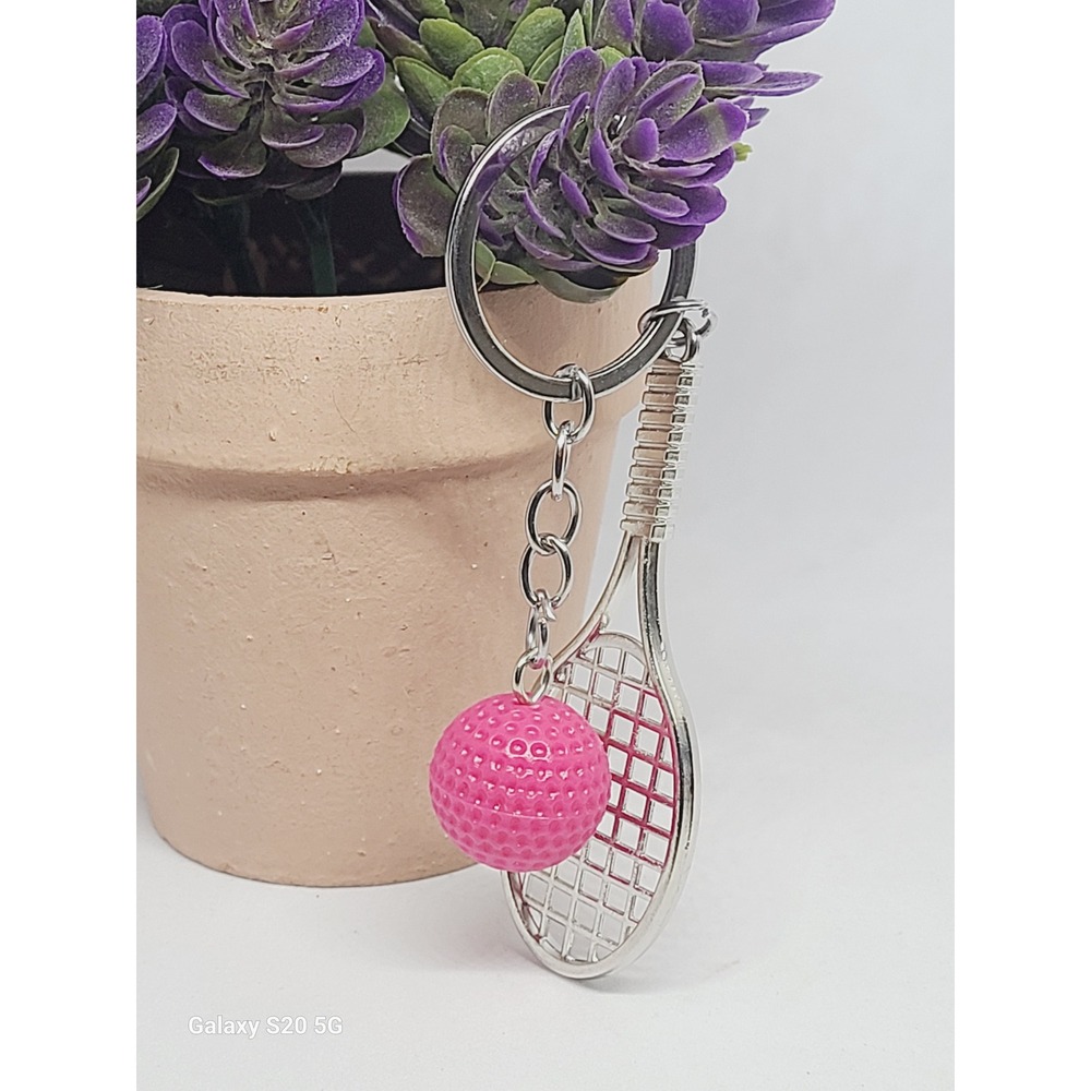 Handmade Pink Tennis Ball Racquet Keychain For Women Silver Tone Charm NEW